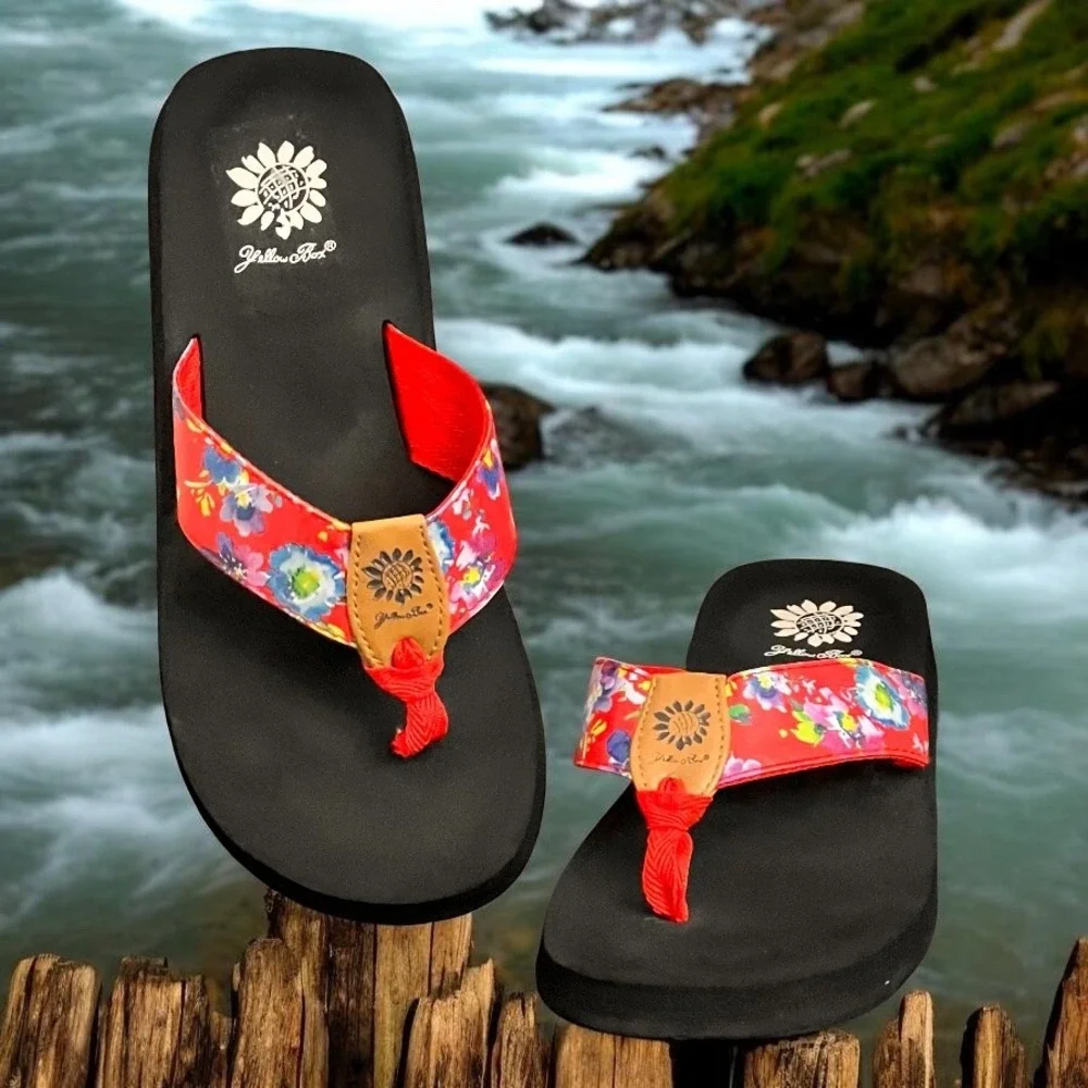Yellow Box Red Floral Mellow Mat Platform Flip Flop Sandals Womens Size 8 - Picture 6 of 10